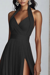 Schwarzes A-Linie Neckholder Chiffon Langes Plissiertes Ballkleid